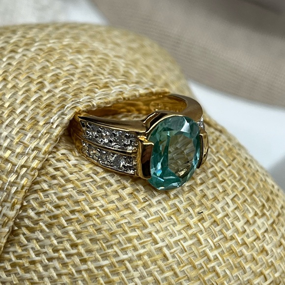 Vintage 925 Gold Overlay Sterling Silver Green Gemstone Ring, Size 4.75 - Picture 14 of 17